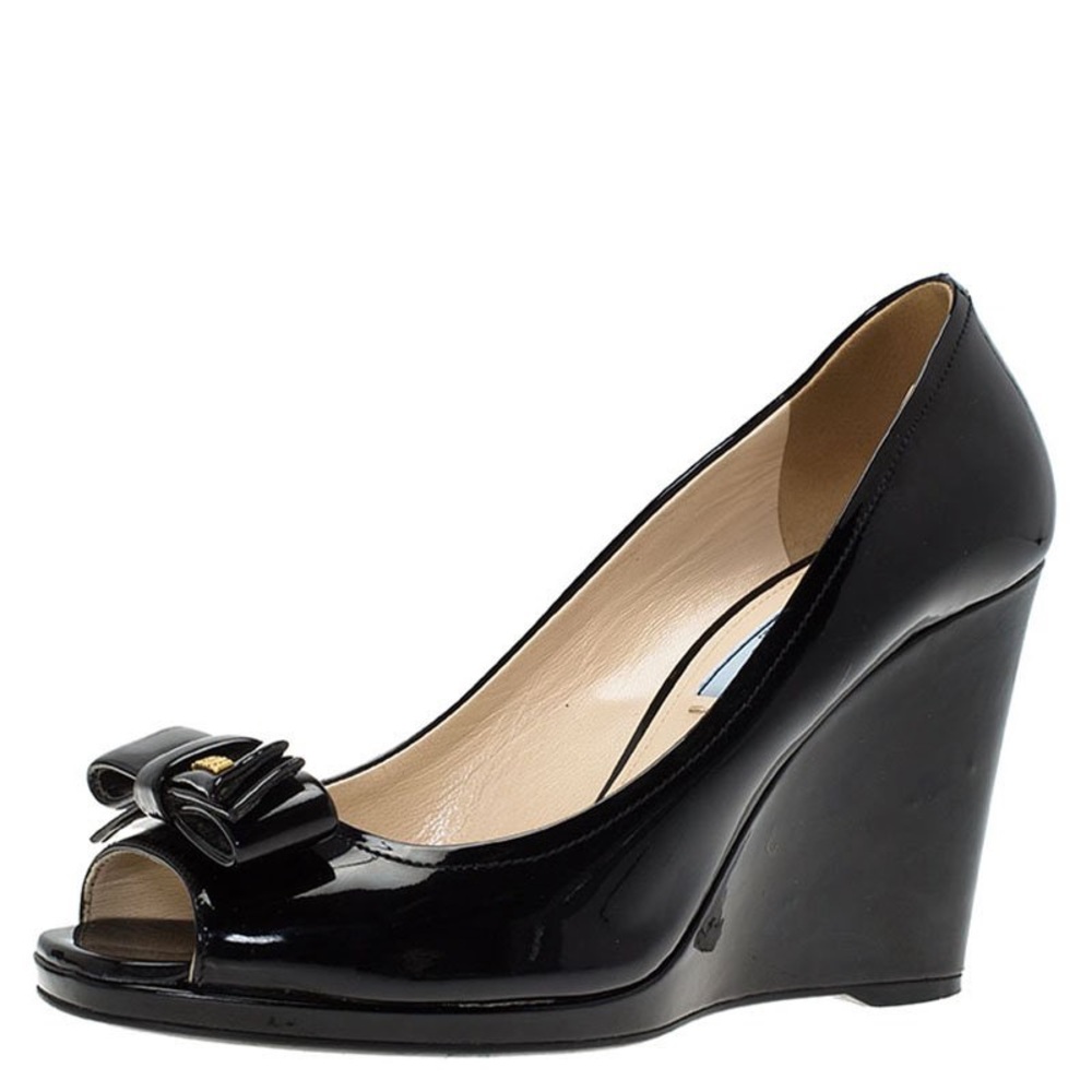 Prada Black Patent Leather Bow Peep Toe Wedge